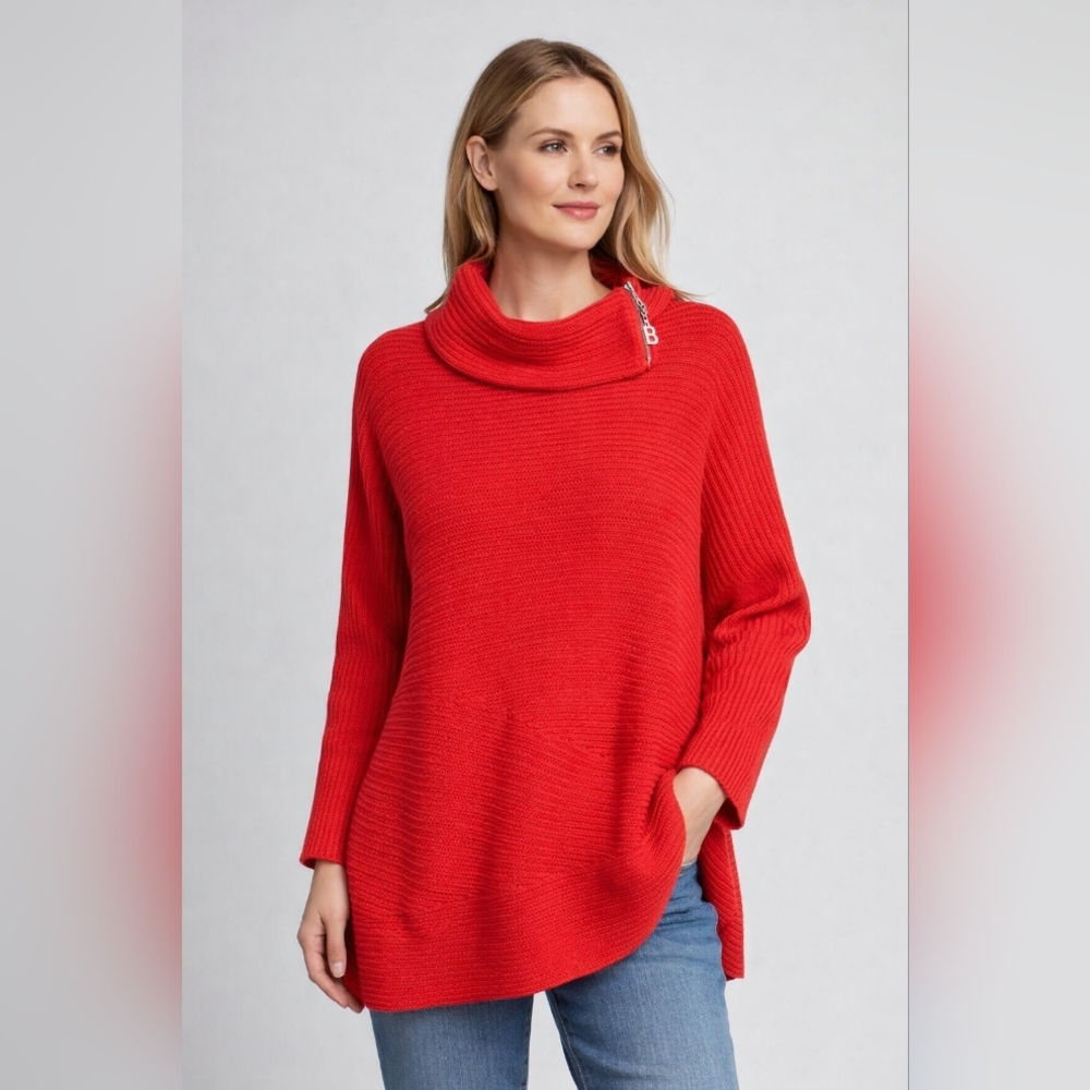 Bogner Red Cotton Knit Zip Collar Sweater | L / XL